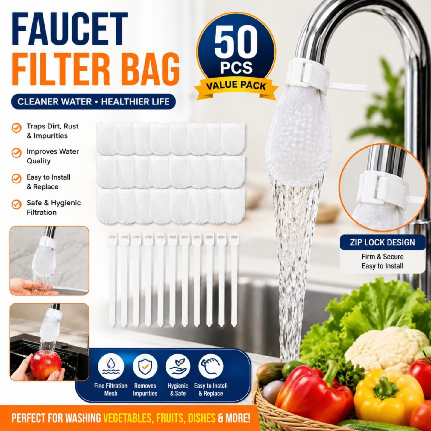 50Pcs Anti-splash Cotton Thickened Filter High-density Universal Faucet Filter (with 10pcs T-strap)